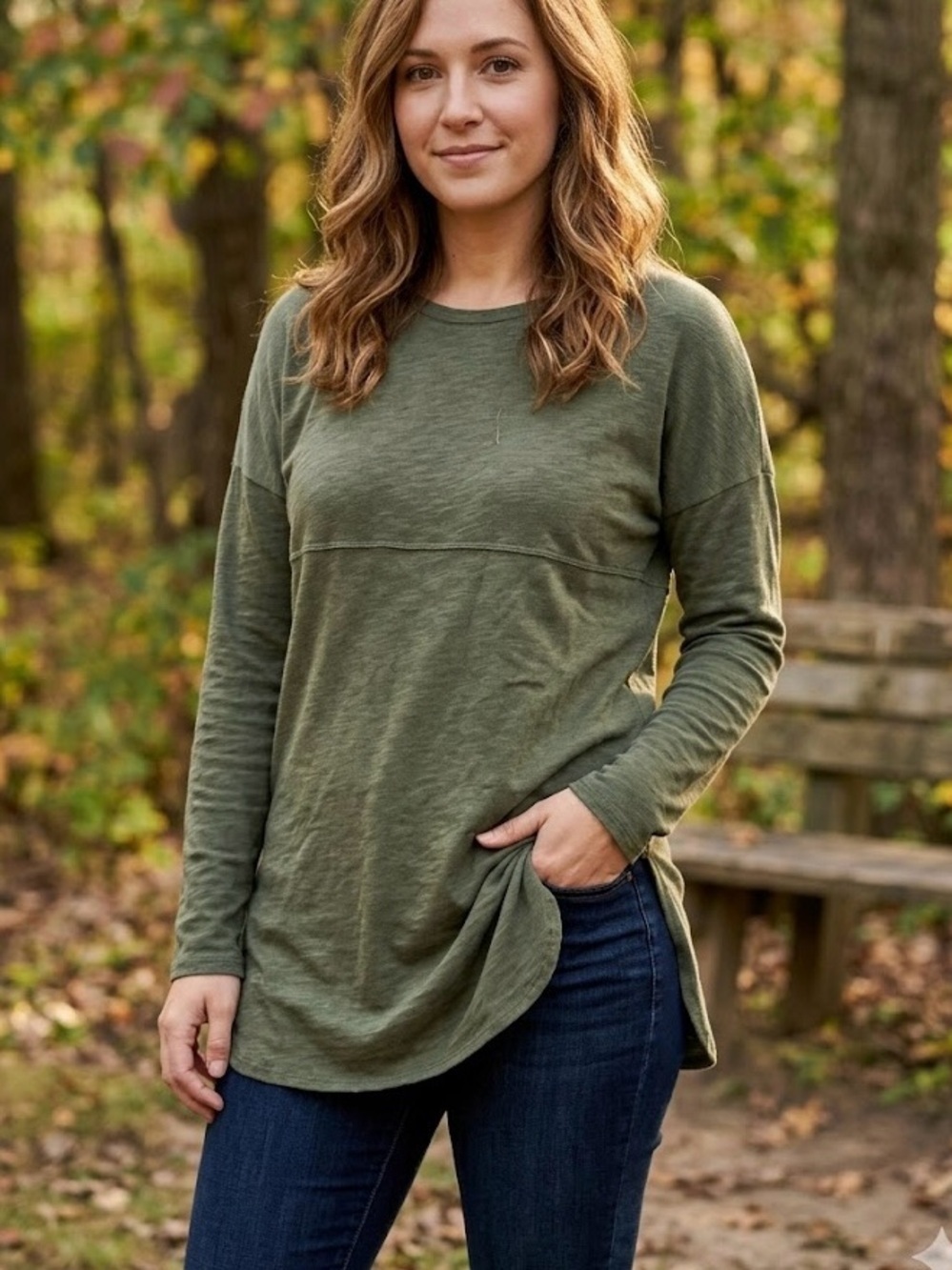 Max Studio Olive Green Spirit Jersey Tunic Knit Top Boho Earthy Lightweight